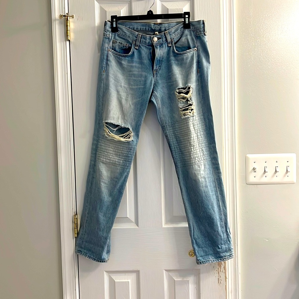 Women’s Light Blue Distressed Moto Jeans